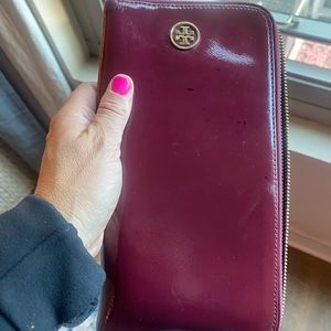 Tory Burch, wine colored patent travel wallet